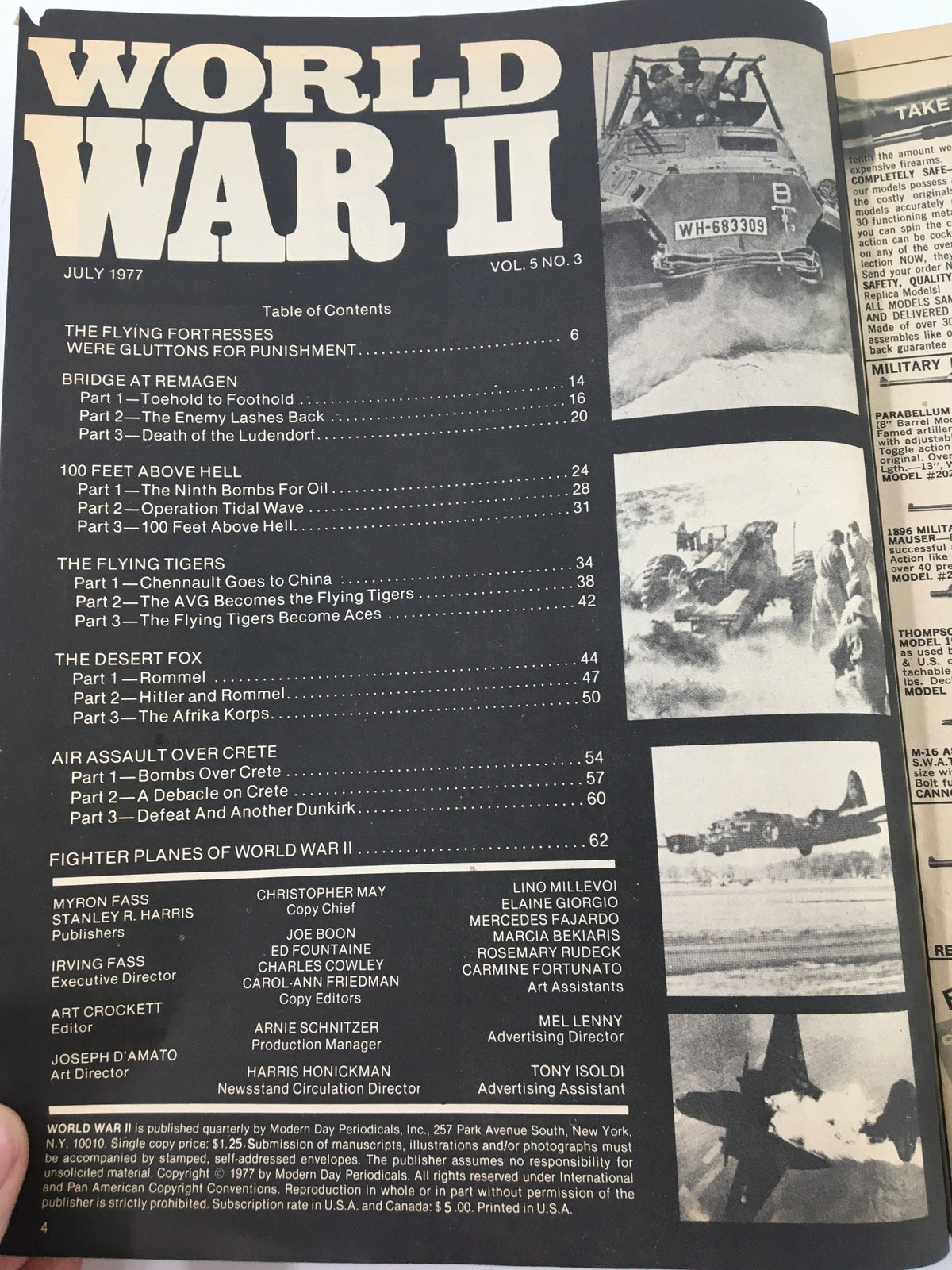 Table of contents from the VTG World War II Magazine July 1977. It includes section titles like 'The Flying Fortresses Were Gluttons for Punishment' and '100 Feet Above Hell'.
