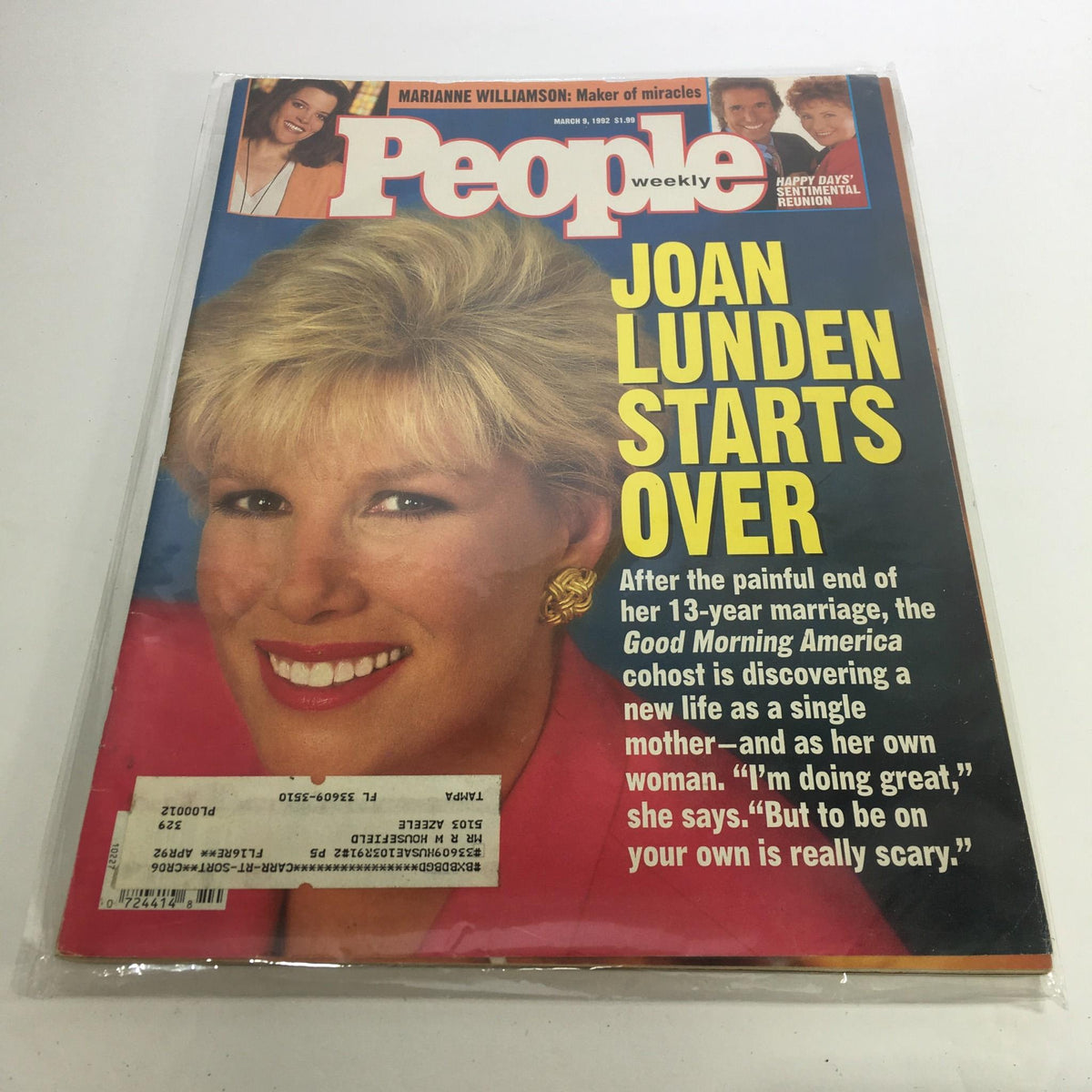 Cover of People Magazine dated March 9, 1992, featuring Joan Lunden with the bold headline 'Joan Lunden Starts Over.' The cover highlights her journey after the end of her marriage and includes information about the Happy Days reunion, capturing a nostalgic moment in television history.