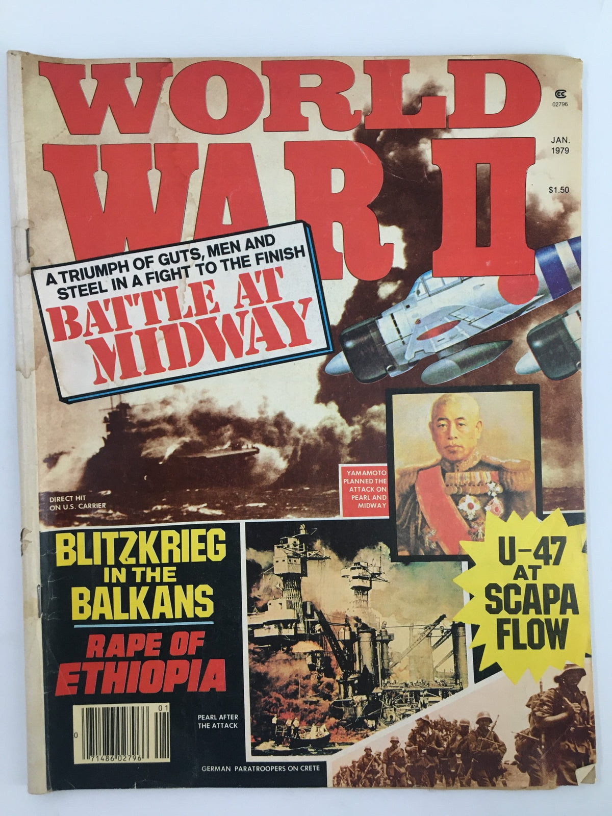Cover of VTG World War II Magazine January 1979 featuring headlines like Blitzkrieg in the Balkans, Battle at Midway, and Rape of Ethiopia, highlighting key military events during World War II.