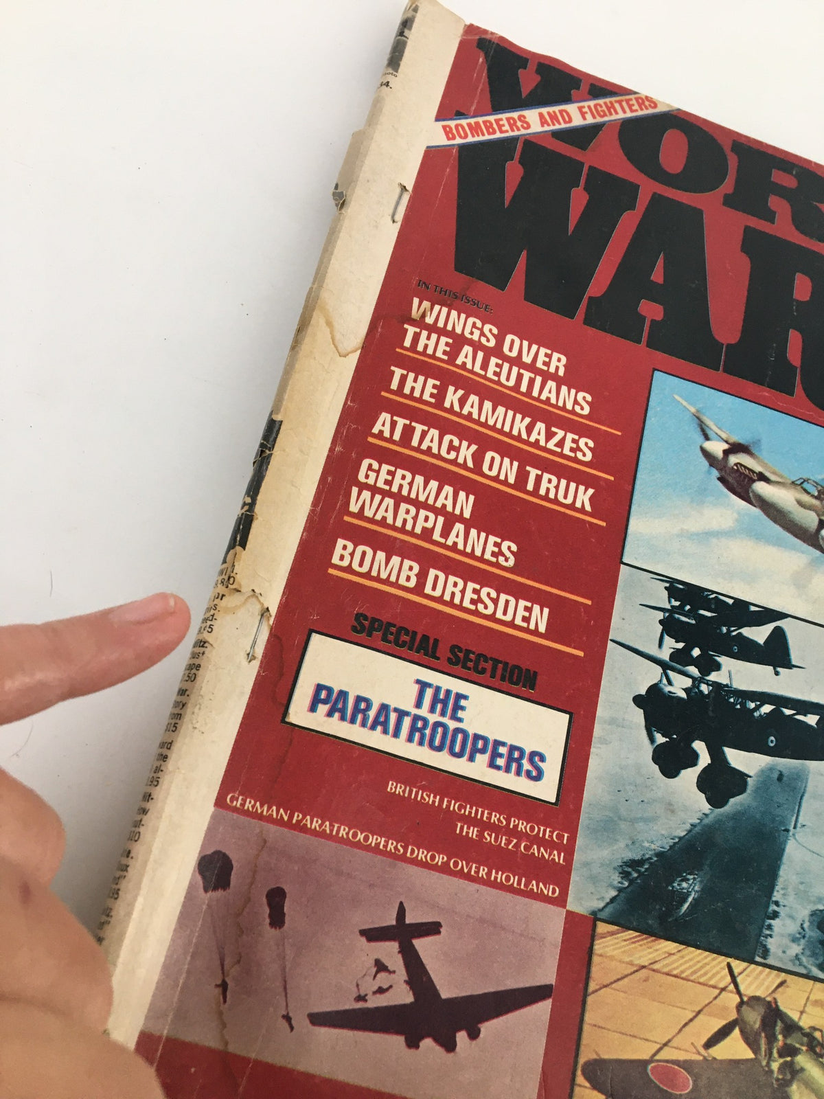 Close-up of the vintage World War II Magazine January 1974 cover showing details of featured articles including 'Bomb Dresden' and 'The Kamikazes'.