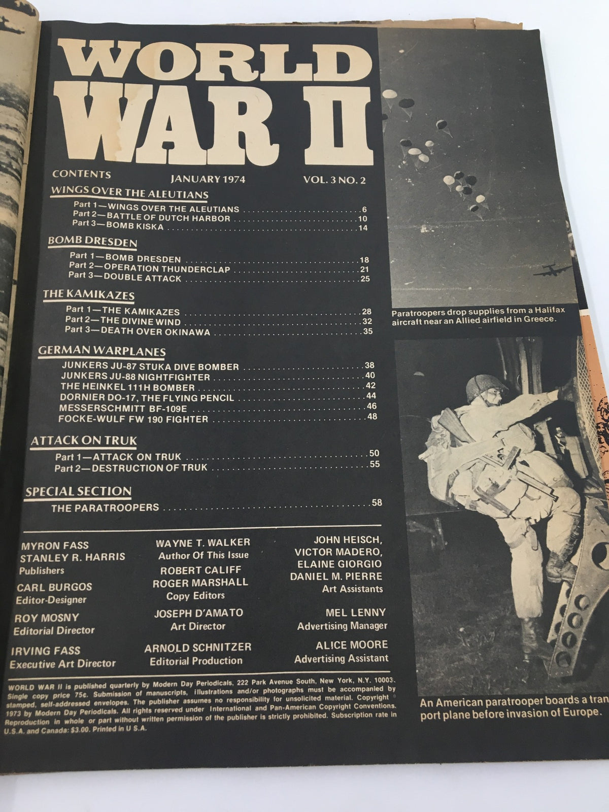 Inside page of the vintage January 1974 World War II Magazine featuring the table of contents, including sections on 'Wings Over the Aleutians' and 'The Paratroopers'.