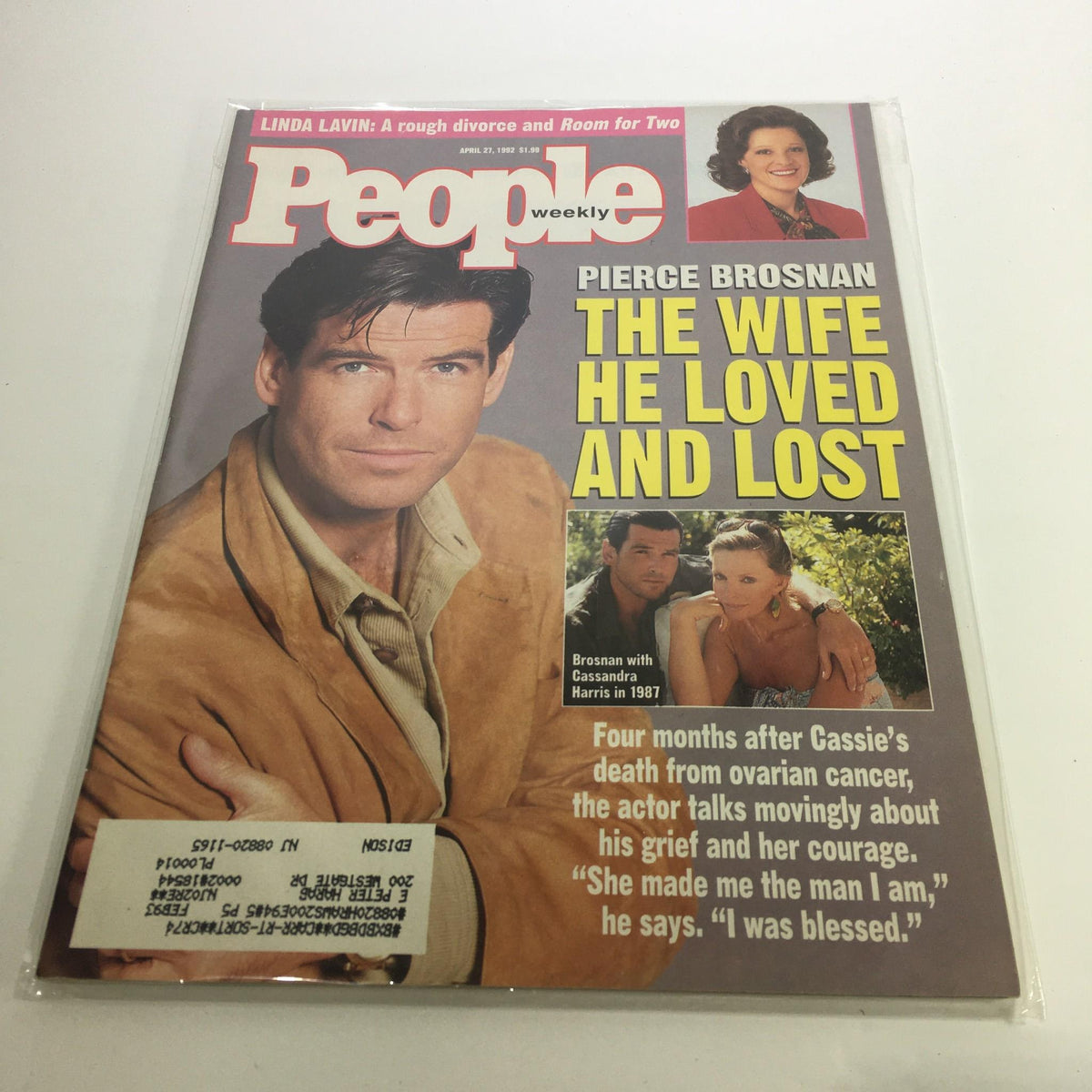 Cover of People Magazine dated April 27, 1992 featuring Pierce Brosnan with the headline 'The Wife He Loved and Lost' and a photo of Brosnan with Cassandra Harris. The magazine highlights Brosnan's reflections on grief after Harris's passing, offering a glimpse into his personal life during a pivotal time in his career.