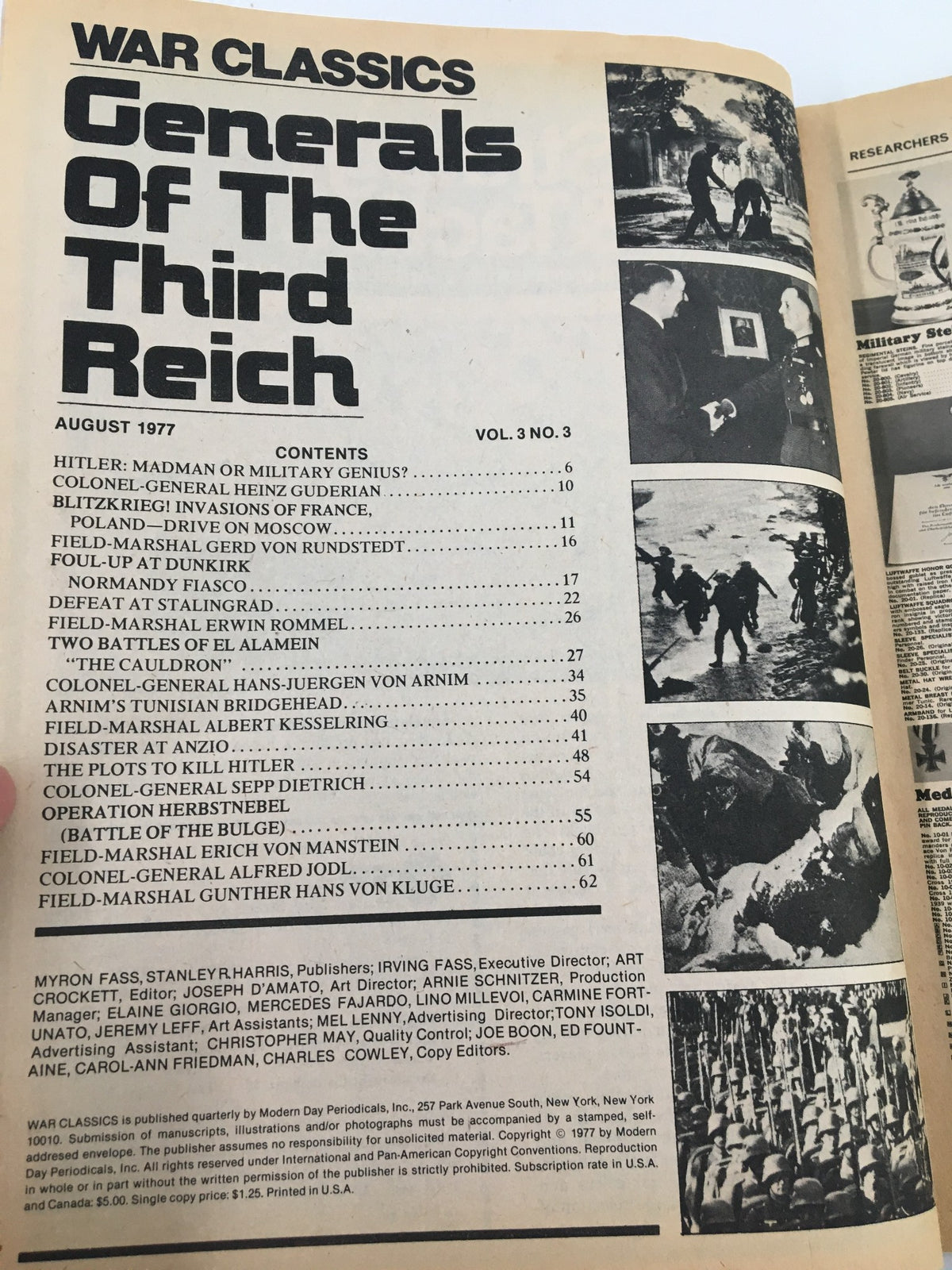 Vintage War Classics Magazine August 1977 featuring Generals of the Third Reich with contents including articles on military strategies and leadership during World War II.
