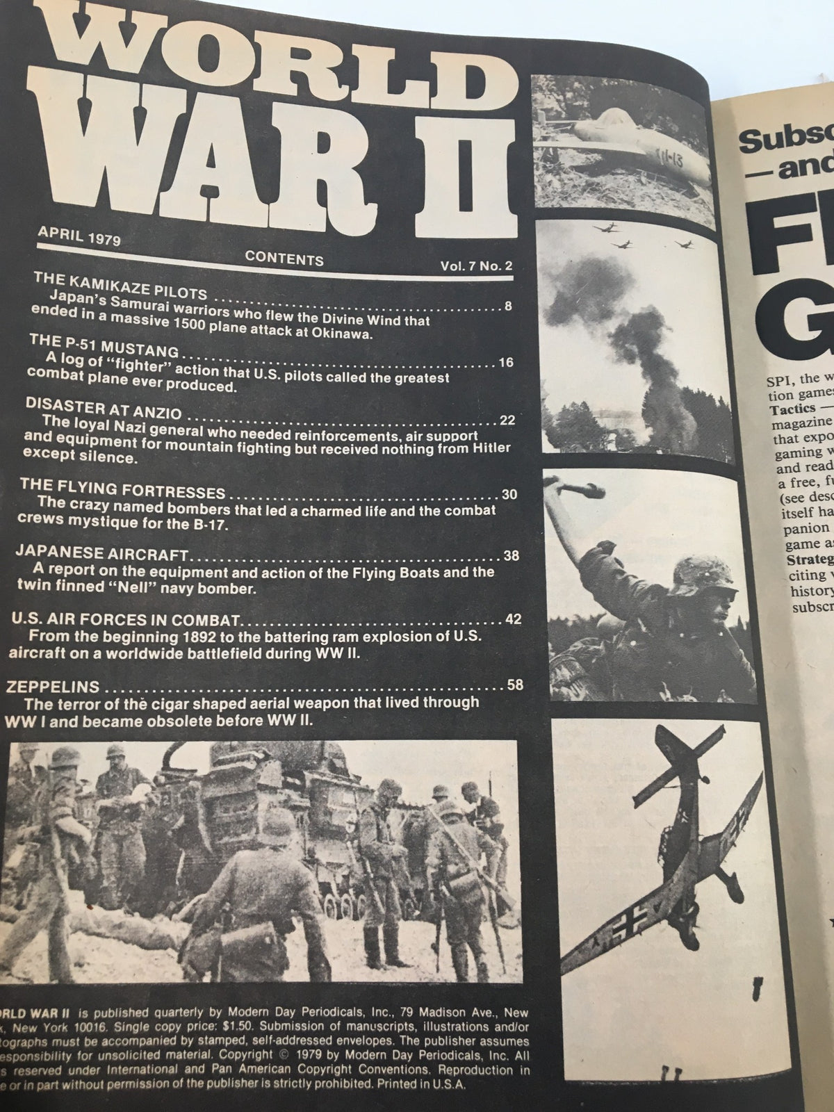 Contents page of VTG World War II Magazine April 1979, outlining articles about kamikaze pilots, the P-51 Mustang, and historical events during World War II.