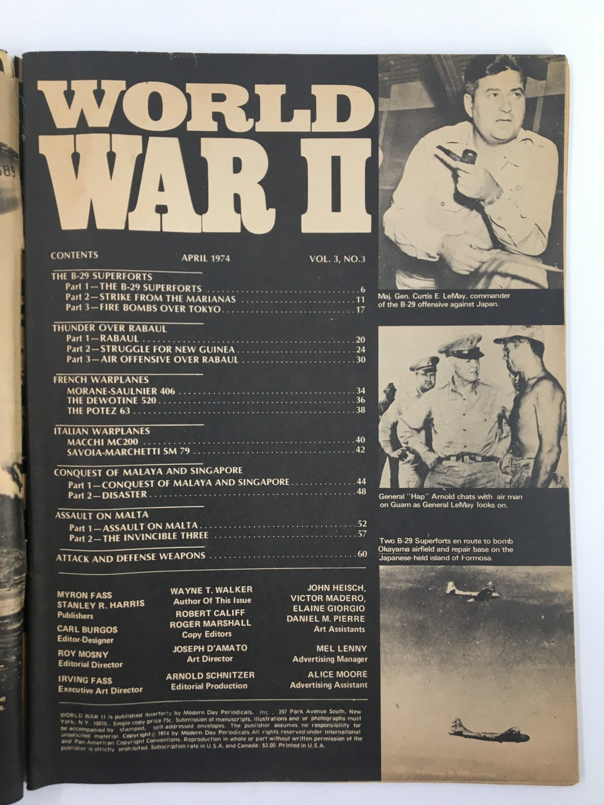 Contents page of the VTG World War II Magazine April 1974, listing various articles about military operations and aircraft.