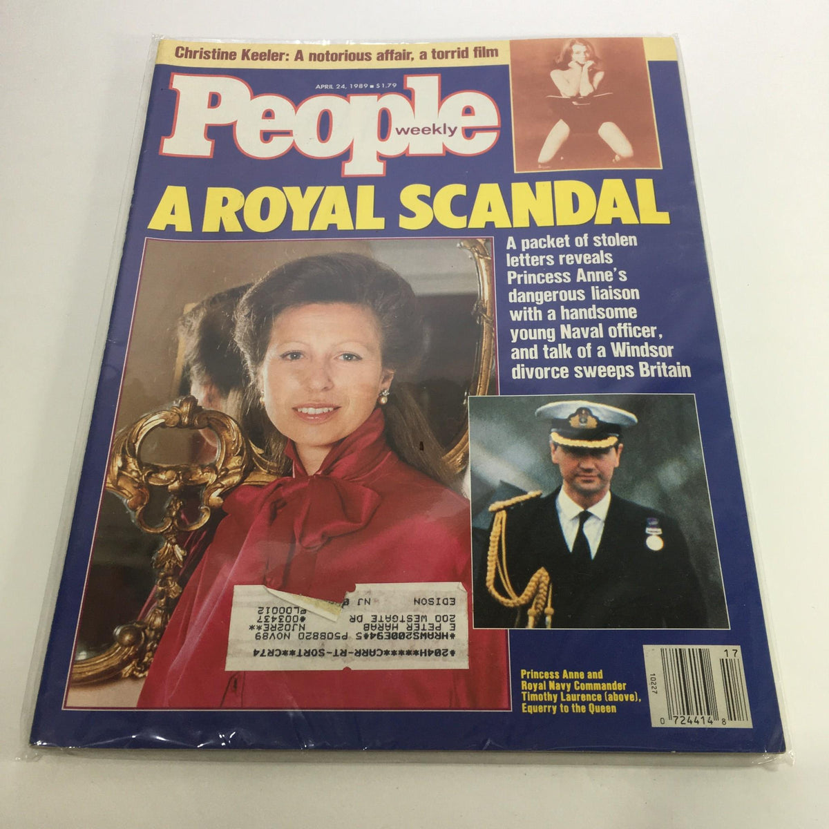 Cover of People Magazine from April 24, 1989, featuring Princess Anne and Royal Navy Commander Timothy Laurence. The magazine highlights a royal scandal and includes a summary of their relationship, with bold graphics and images that capture a significant moment in royal history.