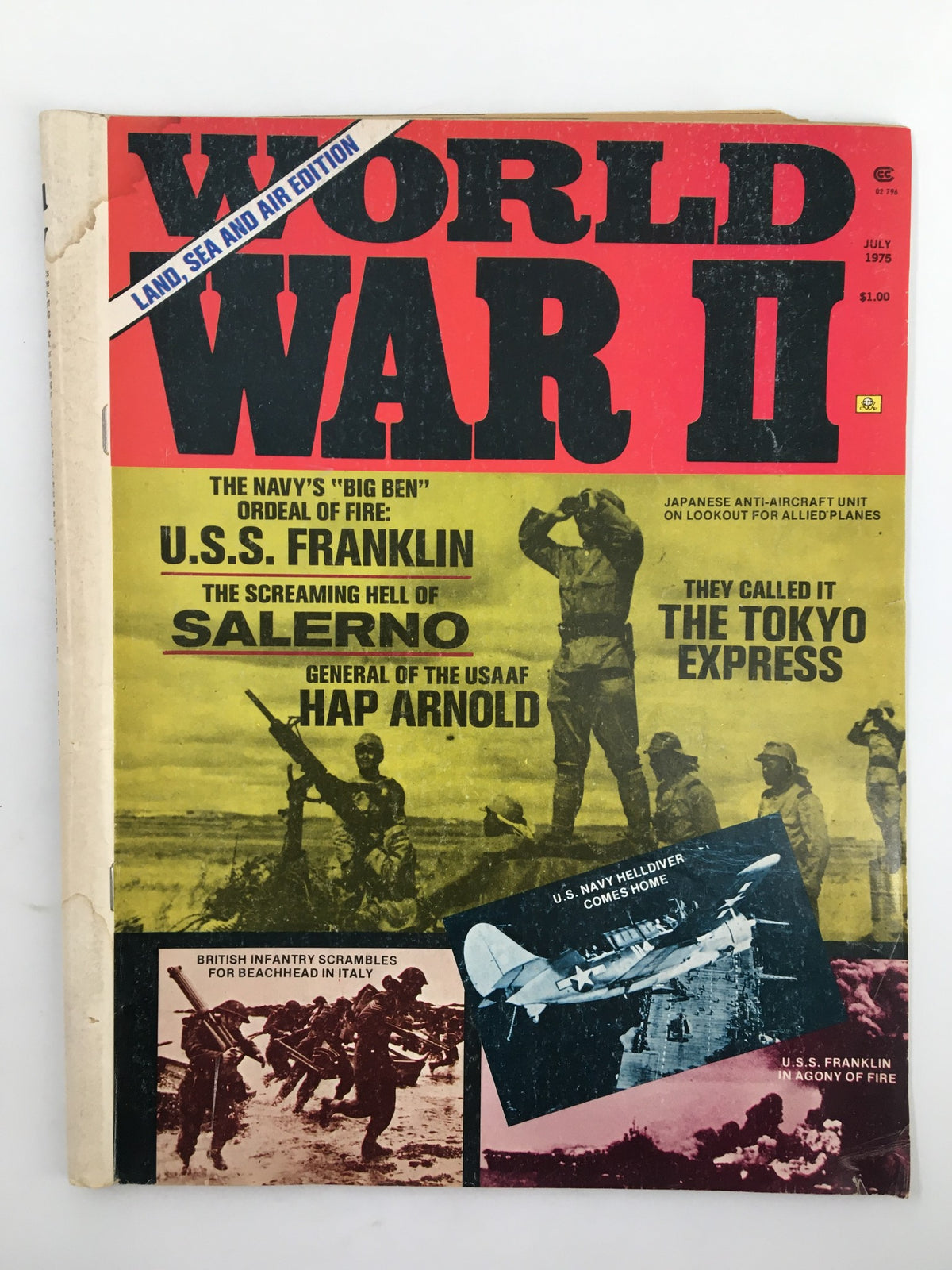 Cover of 'VTG World War II Magazine July 1975 USS Franklin in Agony of Fire No Label', featuring images of U.S. Navy personnel and military aircraft.
