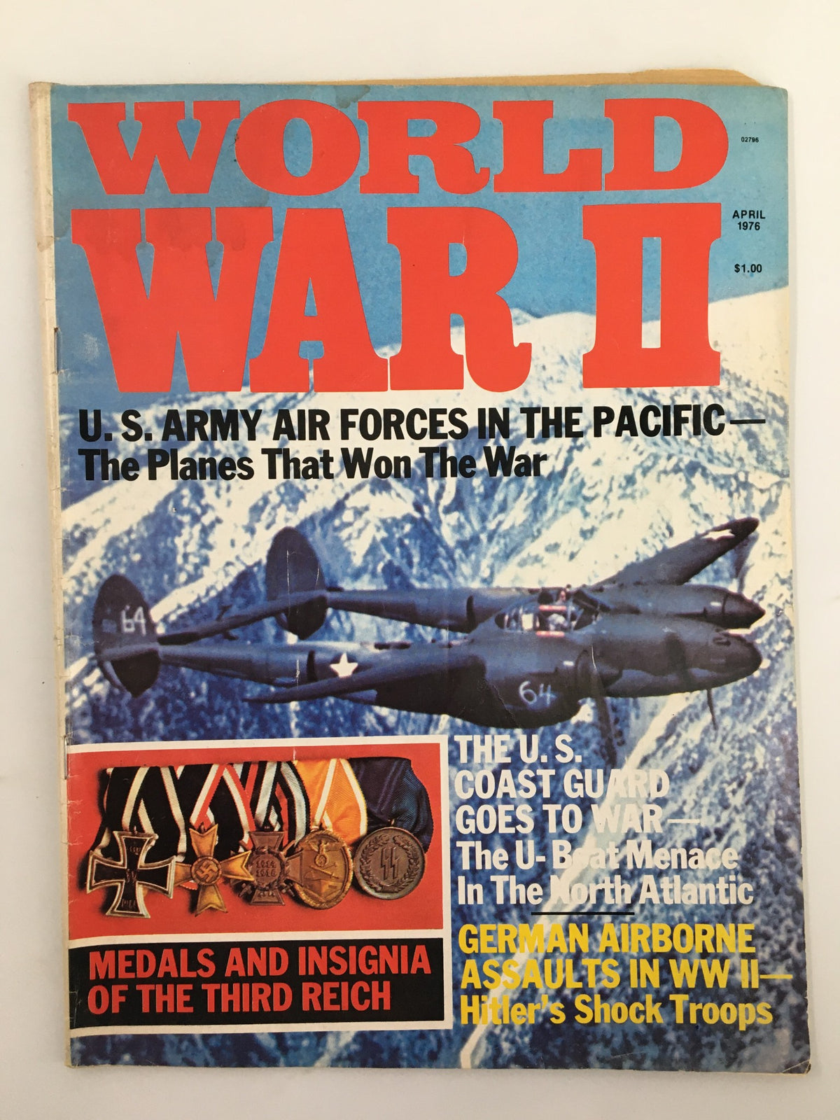 Cover of VTG World War II Magazine April 1976 featuring U.S. Army Air Forces in the Pacific, showcasing a military aircraft above mountainous terrain, highlighting articles on planes that won the war, and includes artwork of medals and insignia of the Third Reich, reflecting historical significance of military aviation.