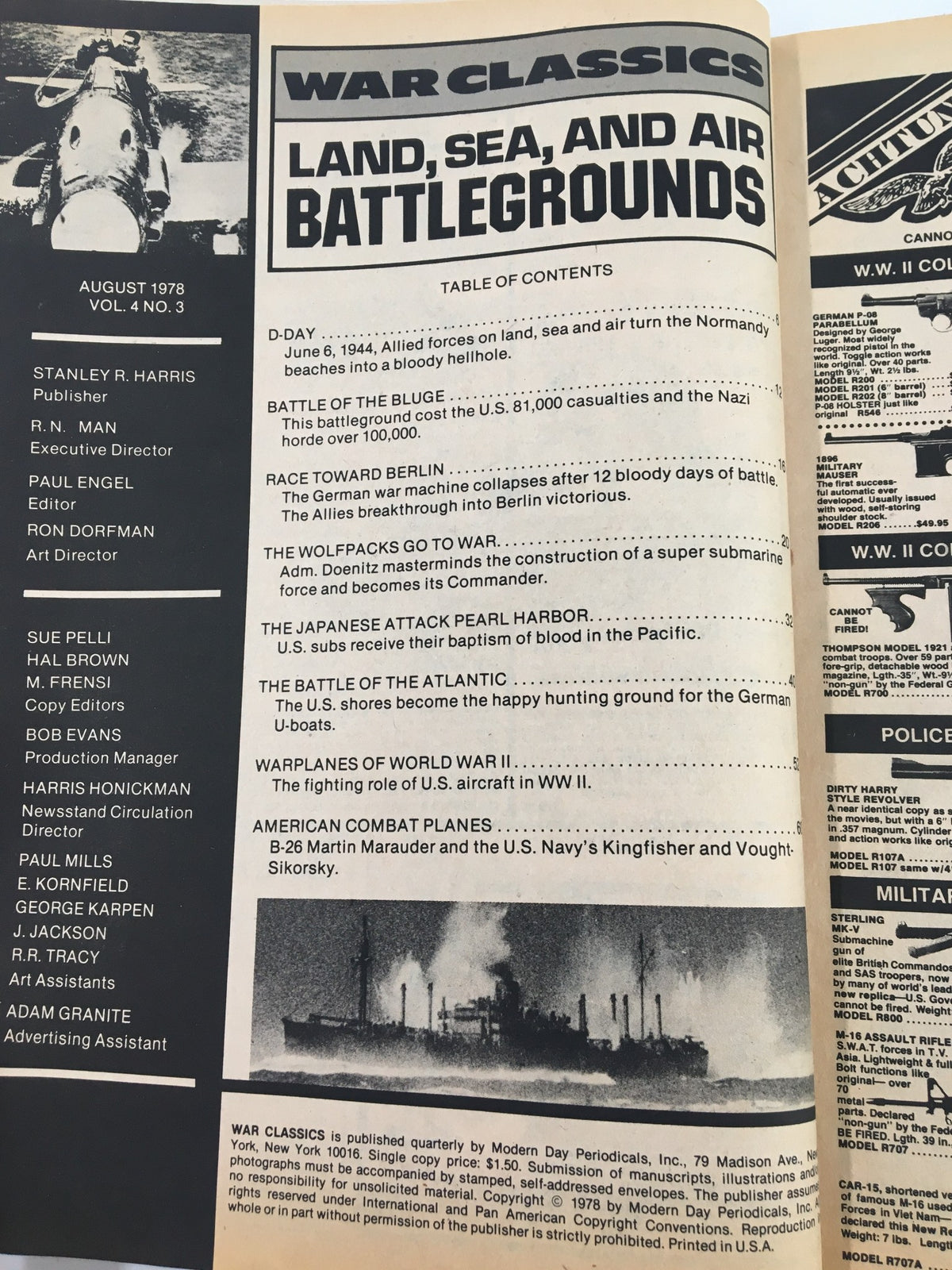 Inside page of VTG War Classic Magazine August 1978 showing the table of contents, highlighting significant military articles and features from the issue on 'Land, Sea, and Air Battlegrounds'.