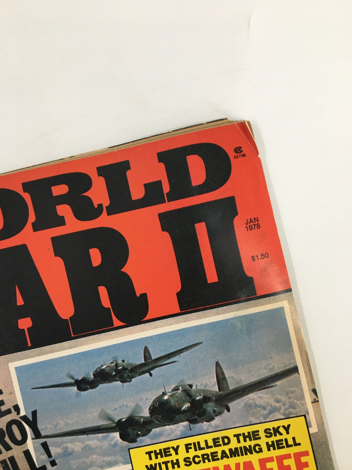 Close-up of VTG World War II Magazine January 1978 Japan's Attack Weapons cover showing details of aircraft and magazine title.