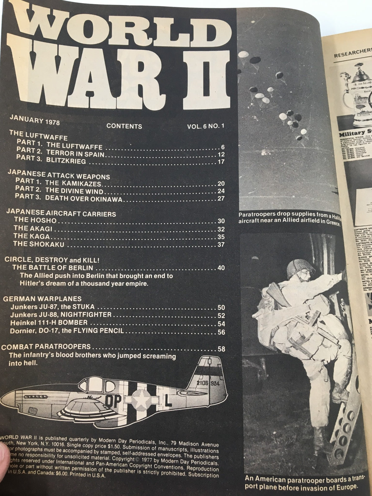 World War II Magazine January 1978 featuring contents on Japan's Attack Weapons, German Warplanes, and Combat Paratroopers. Vintage collectible magazine showcasing historical military strategies and technologies.