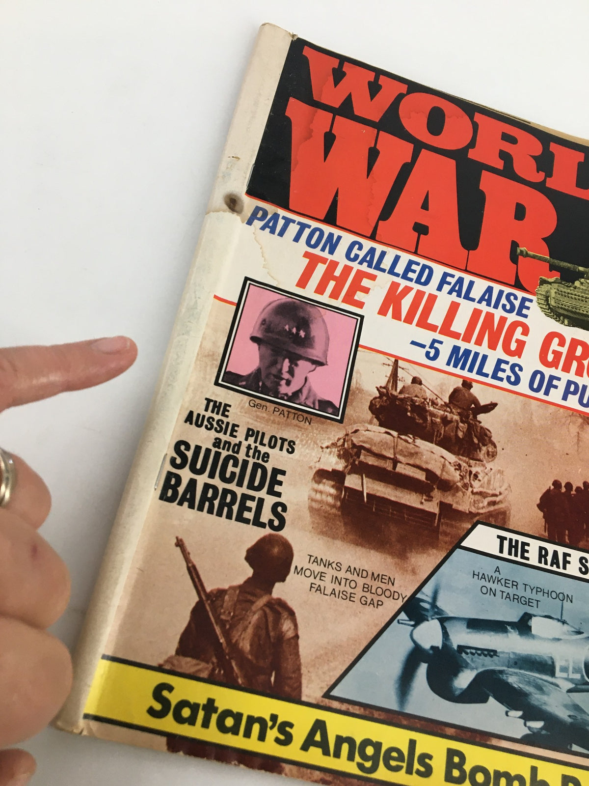 Close-up view of the VTG World War II Magazine April 1978 cover featuring Gen. Patton and highlights on Aussie pilots and suicide barrels.