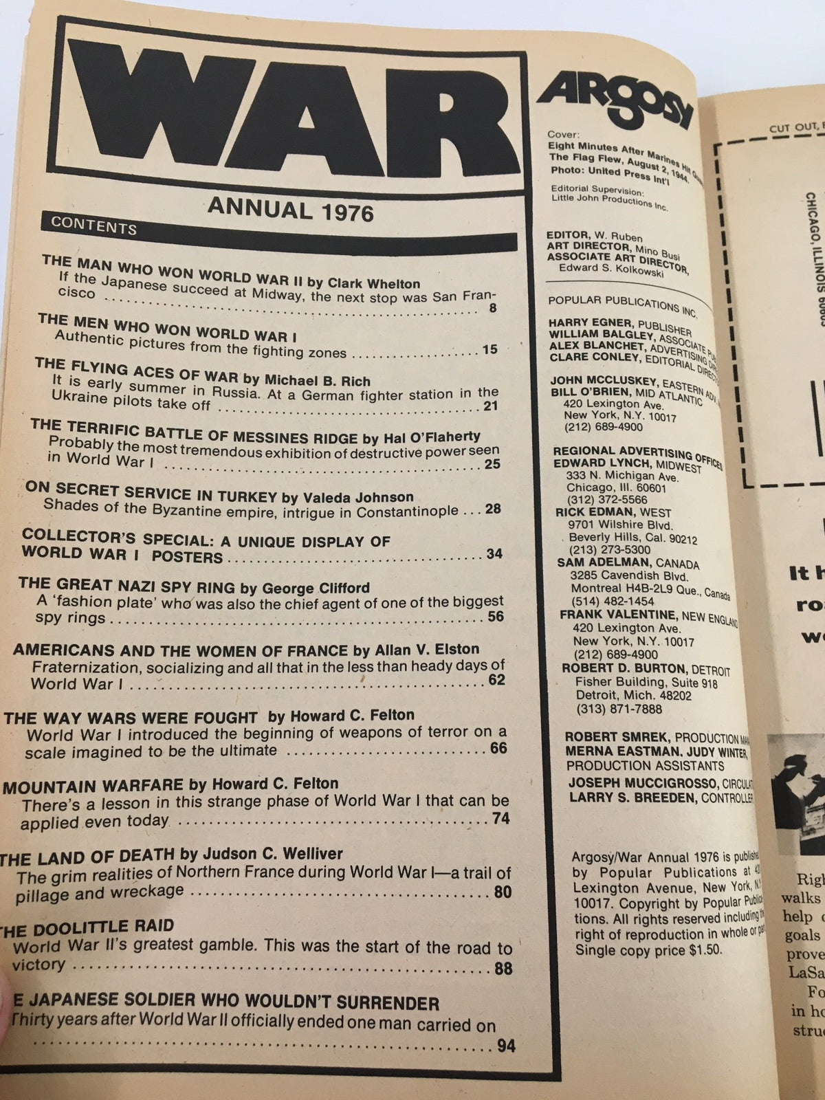 Contents page of VTG Argosy War Magazine Annual 1976 showing article titles related to World Wars I and II, including insights and historical narratives on military strategies.