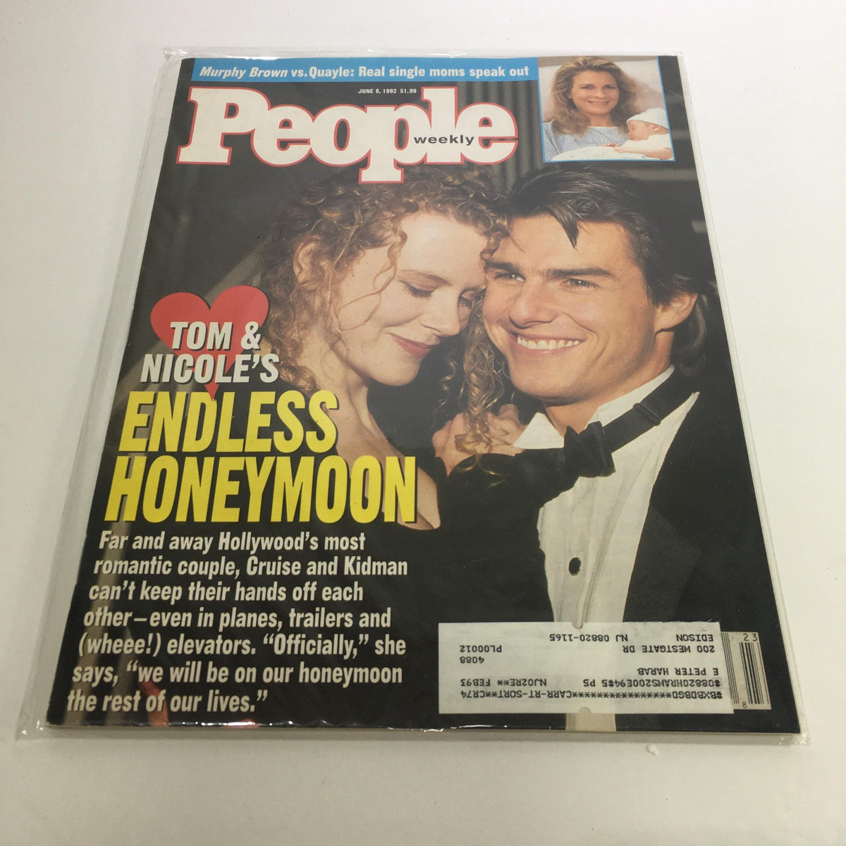 Cover of People Magazine from June 8, 1992, featuring Tom Cruise and Nicole Kidman under the title 'Endless Honeymoon' along with a vibrant description highlighting their romance. The magazine captures a nostalgic moment in Hollywood's celebrity culture.