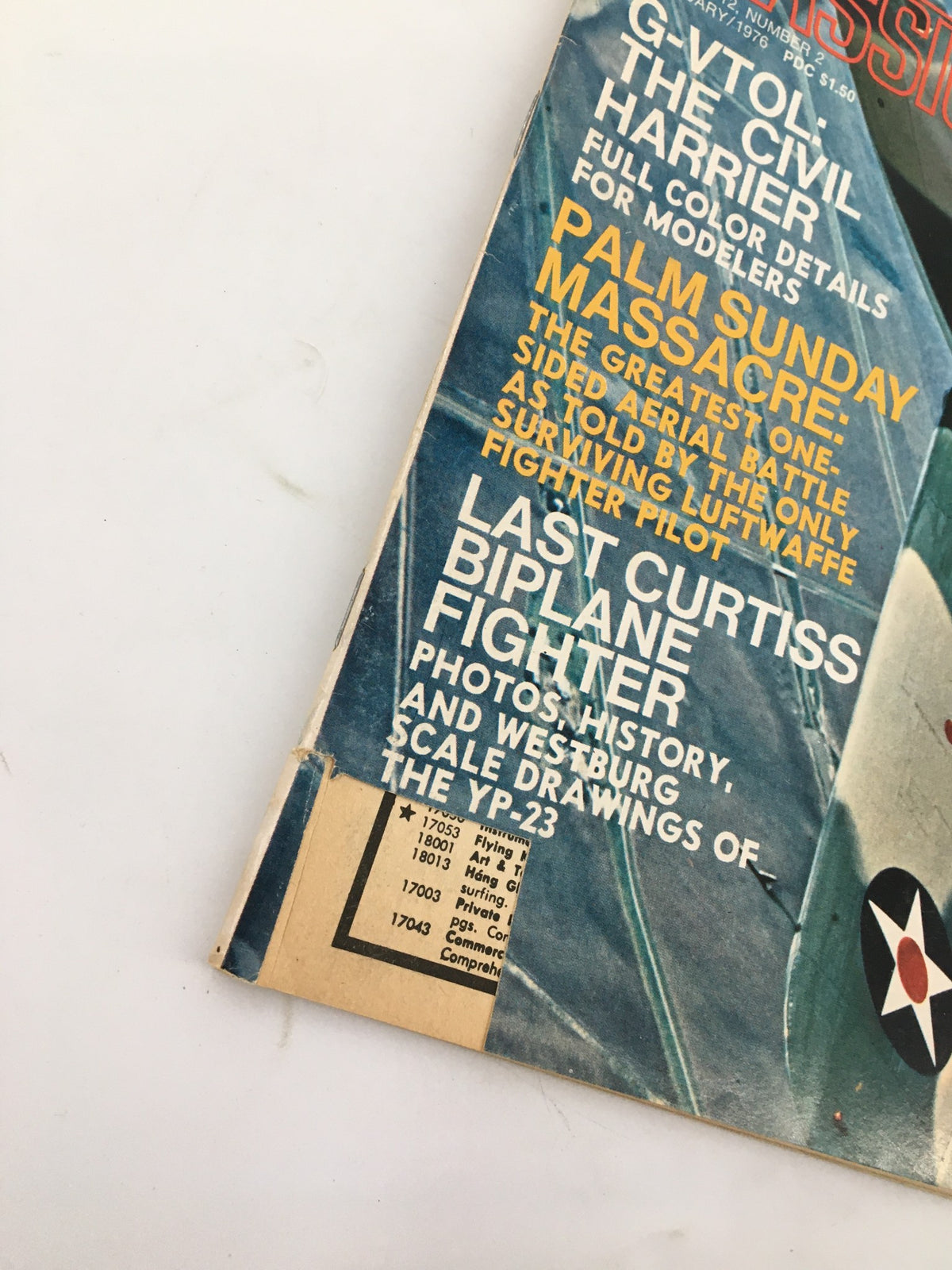 Close-up of the cover of VTG Air Classics Magazine February 1976 highlighting articles on G-VTOL The Civil Harrier and other aviation topics.
