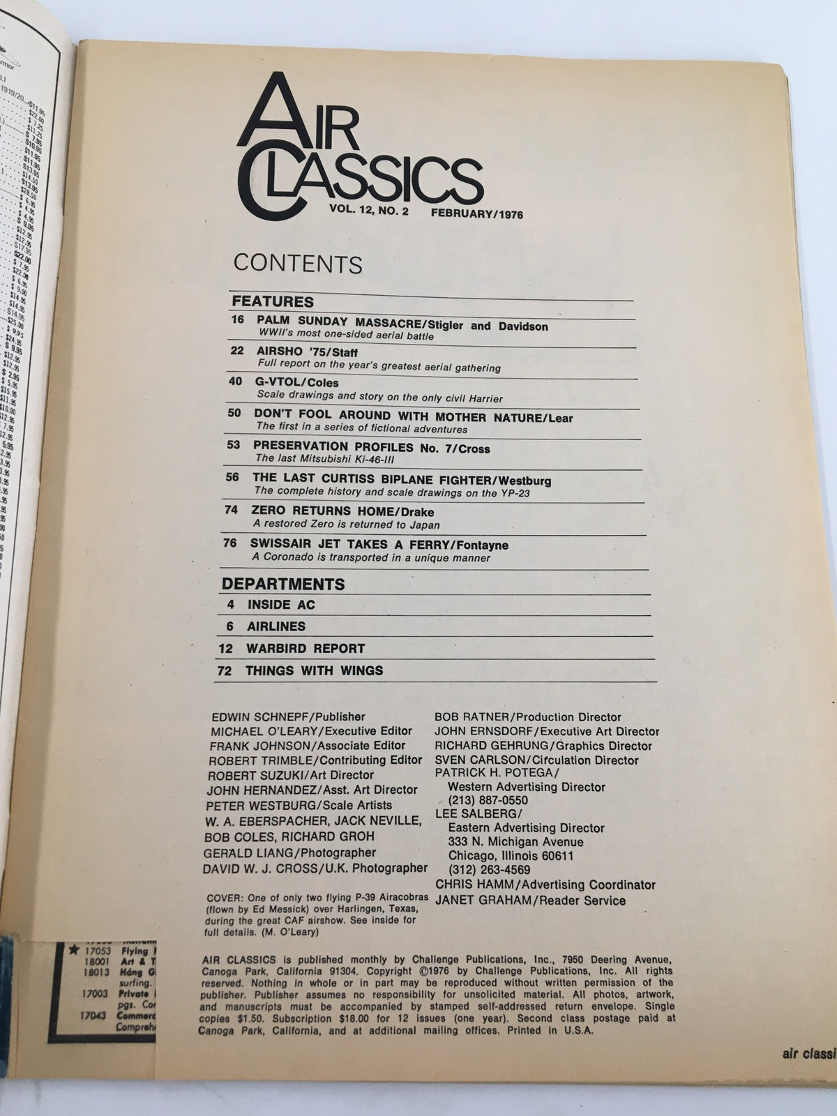 Contents page of Air Classics Magazine February 1976 featuring articles including G-VTOL The Civil Harrier and aerial battles from WWII.