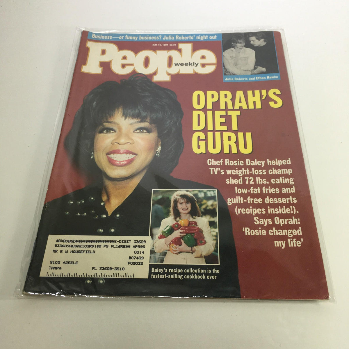 People Magazine cover from May 16, 1994 featuring Oprah's diet guru Chef Rosie Daley. The cover highlights how Chef Rosie Daley helped TV's weight-loss champion lose 72 lbs., featuring a colorful photo of Oprah and Chef Rosie. An informative caption mentions guilt-free recipes.