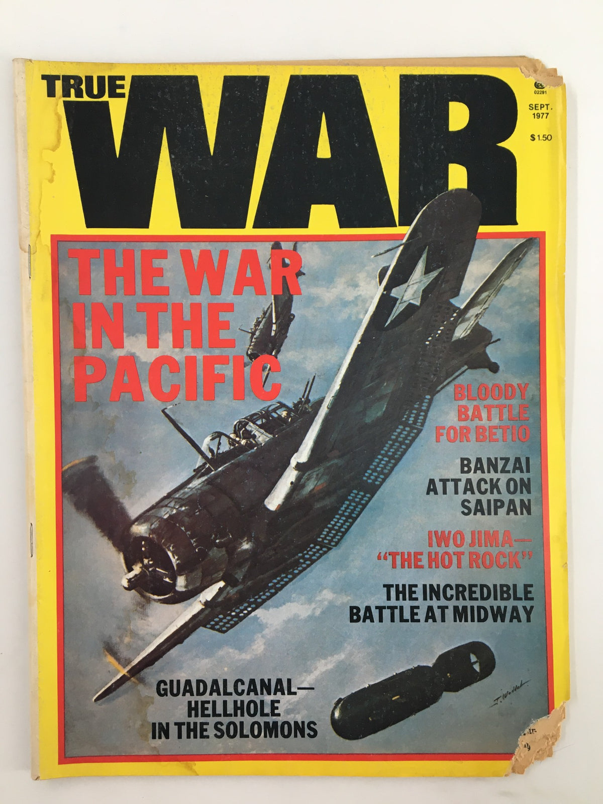 Cover of VTG True War Magazine September 1977 titled 'The War in the Pacific', featuring a vintage aircraft with a bright yellow background and headlines discussing key battles such as 'Bloody Battle for Betio' and 'Banzai Attack on Saipan'.