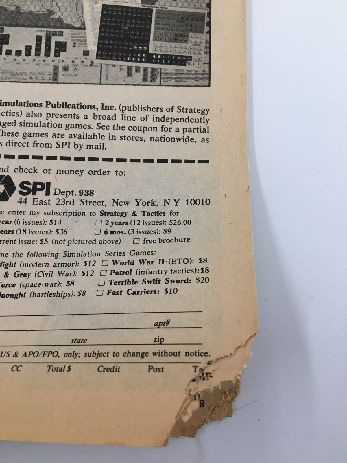 Back cover of VTG True War Magazine September 1977, displaying a subscription advertisement for simulation games along with some signs of aging and wear.