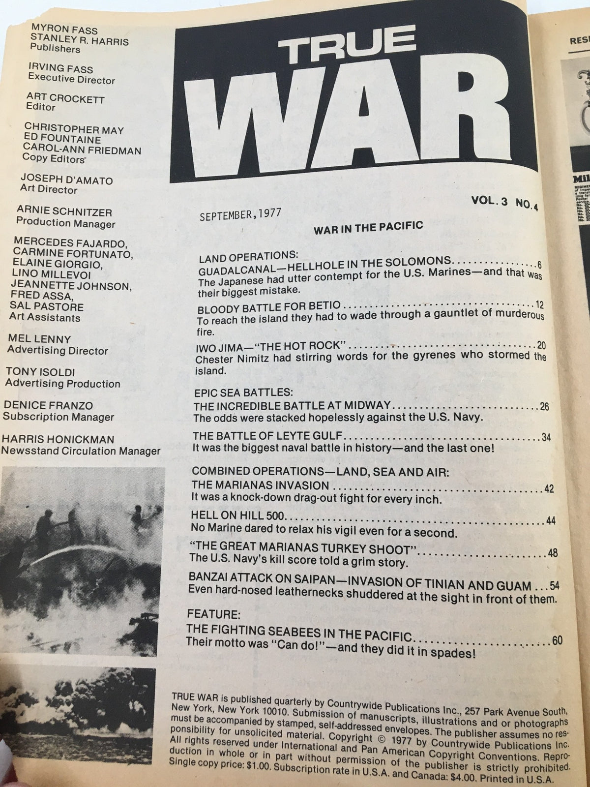 Interior page of VTG True War Magazine September 1977 listing the contents, including articles on 'War in the Pacific' and notable battles such as 'Guadalcanal' and 'The Incredible Battle at Midway'.