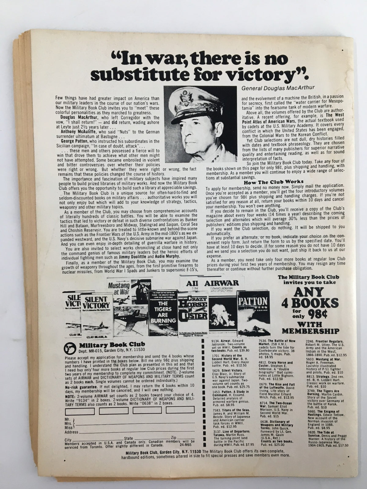 Back cover of the VTG True War Magazine September 1977 featuring a quote by General Douglas MacArthur, and an advertisement for the Military Book Club with details on membership and available military history books.