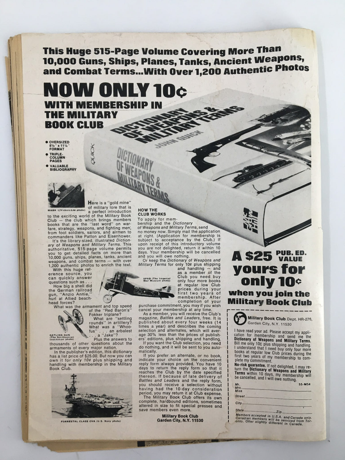 Back cover of the VTG True War Magazine from March 1976, displaying an advertisement for a Military Book Club featuring military terms and references.