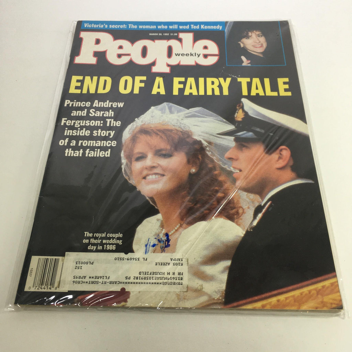 People Magazine March 30 1992 cover featuring Prince Andrew and Sarah Ferguson, highlighting their failed romance with the headline 'End of a Fairy Tale'. The image showcases the couple in wedding attire from their 1986 wedding, capturing a moment in royal history.