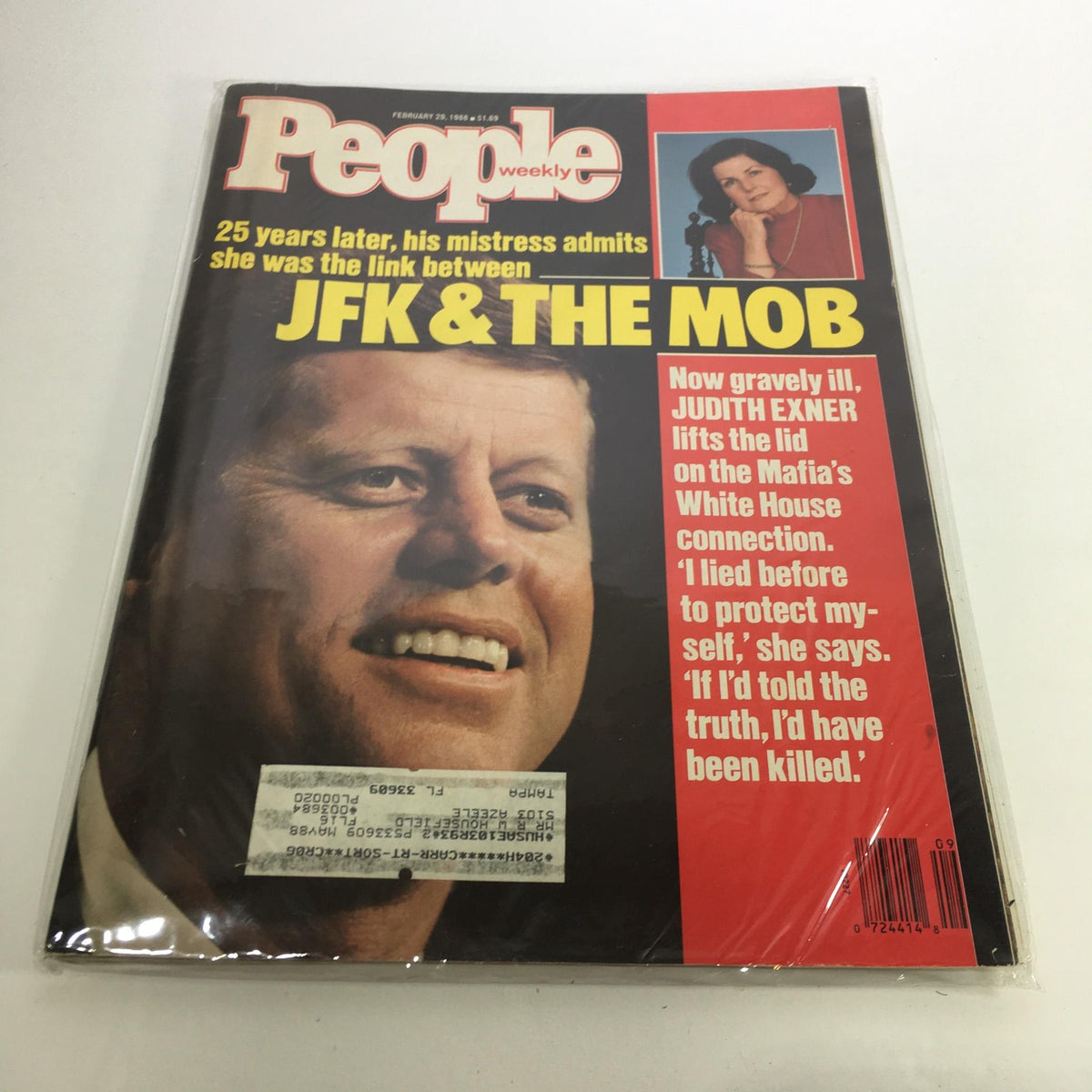 People Magazine cover from February 29, 1988, featuring the headline about Judith Exner's confession linking JFK and the mob. The magazine showcases an image of JFK smiling, with a section dedicated to Exner's statements regarding her relationship with him. Perfect for collectors of vintage magazines and American history enthusiasts.