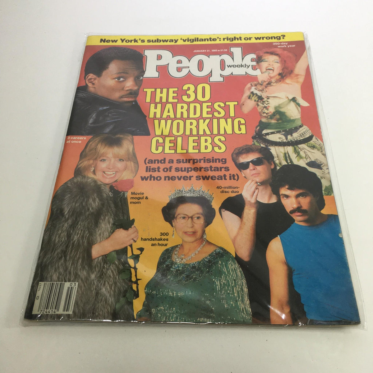 Cover of People Magazine dated January 21, 1985, featuring 'The 30 Hardest Working Celebs' along with images of various celebrities, including a prominent black male figure and a queen in sparkling attire. This vintage magazine highlights surprising lists and celebrates the hard work of stars from the 80s.