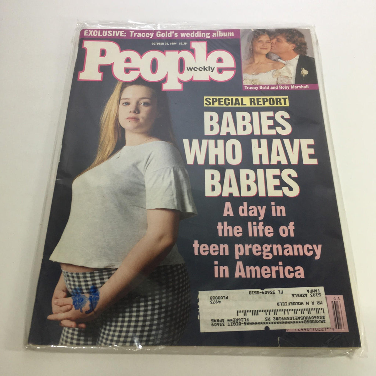 People Magazine cover from October 24, 1994, featuring Tracey Gold and Roby Marshall discussing teen pregnancy, with the headline 'Babies Who Have Babies'.