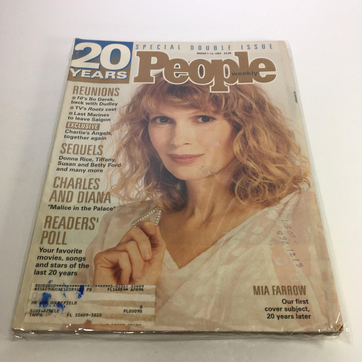 Cover of People Magazine March 7, 1994 featuring Mia Farrow, celebrating 20 years since she was the first cover subject. The magazine highlights notable topics including reunions and sequels, with a special double issue design.