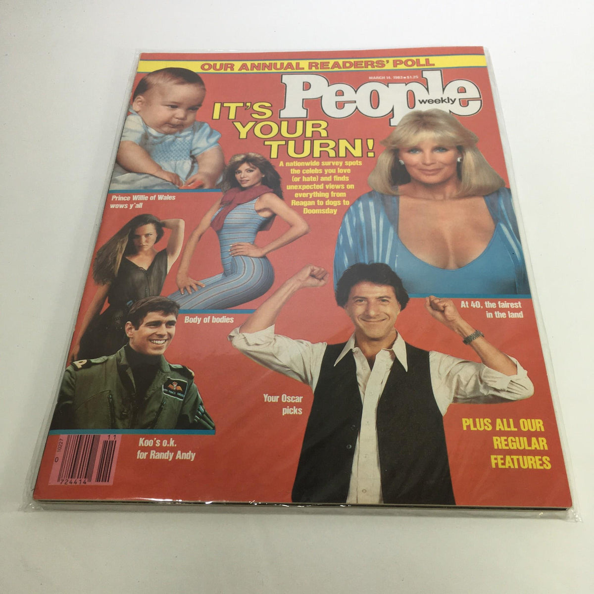 Cover of People Magazine from March 14, 1983 featuring Prince William of Wales, celebrity highlights including a model in a blue dress, actors, and a baby, promoting a readers' poll and offering insights into pop culture of the early 80s.