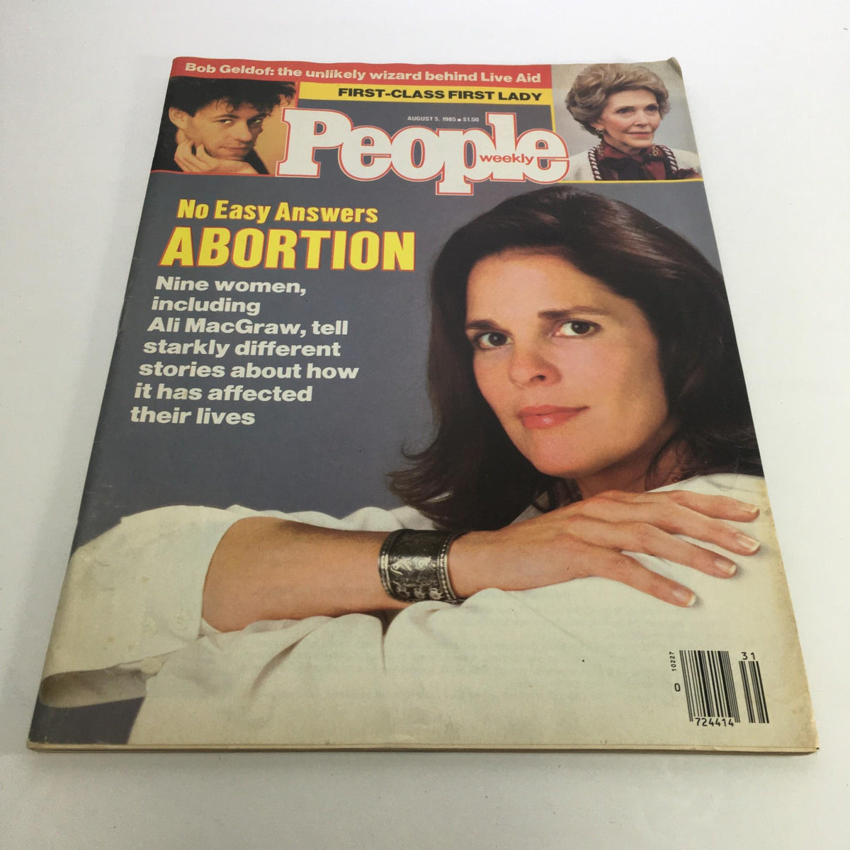Cover of People Magazine from August 5, 1985, featuring the title 'No Easy Answers: Abortion' along with an image of actress Ali McGraw. The cover discusses various women's perspectives on abortion.