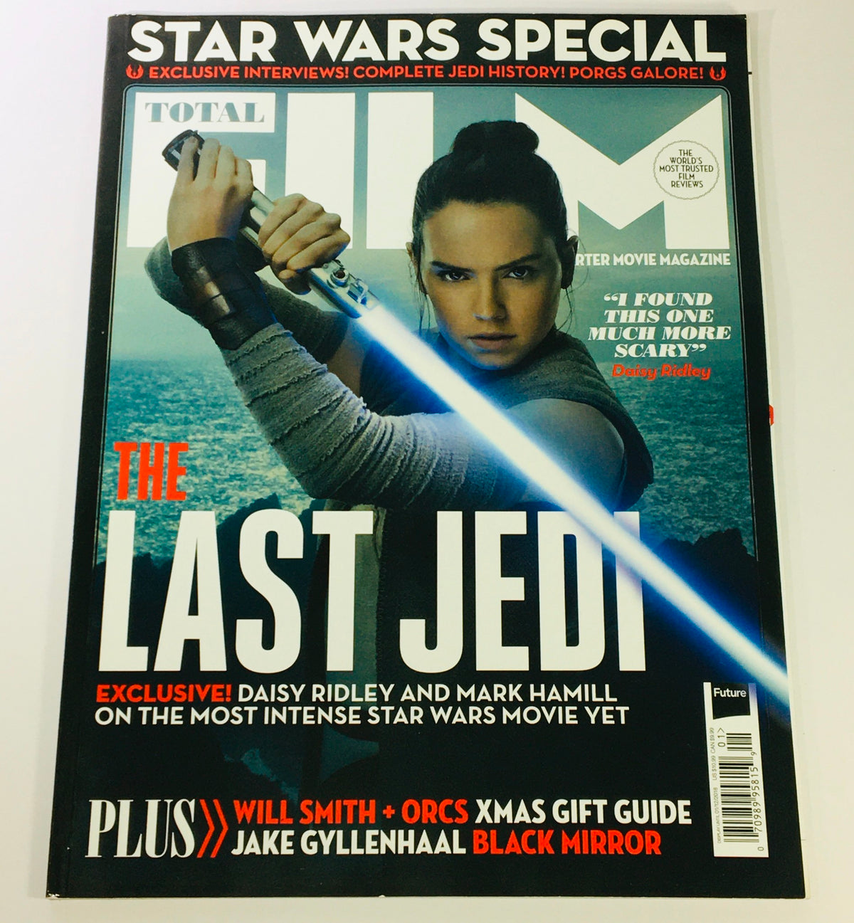 Total Film Magazine January 2018, Issue #266 featuring Daisy Ridley wielding a lightsaber on the cover alongside Mark Hamill, highlighting the Star Wars special. Perfect for film collectors and enthusiasts.