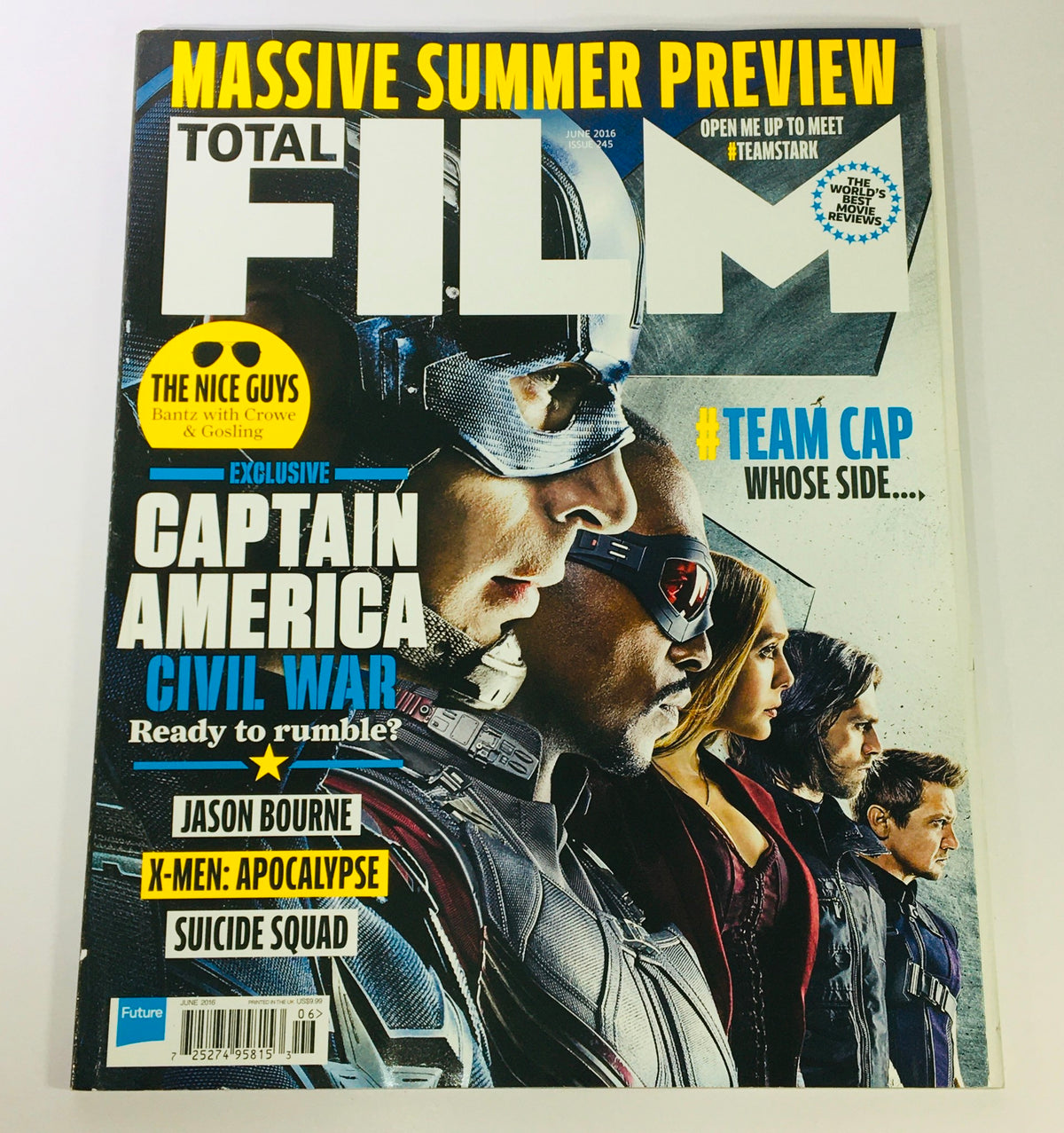 Total Film Magazine June 2016 Cover featuring Marvel stars Chris Evans and Anthony Mackie with highlights on Captain America Civil War and upcoming films like Jason Bourne and Suicide Squad.