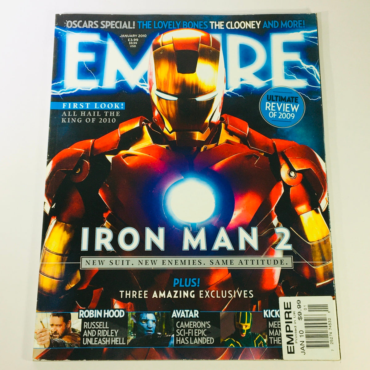 Empire Magazine January 2010 cover featuring Robert Downey Jr. and Russell Crowe, showcasing Iron Man 2 and other exclusive articles.