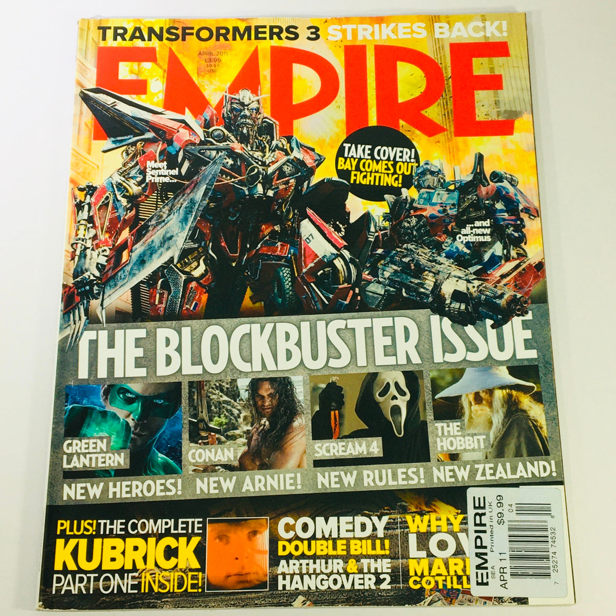 Empire Magazine April 2011 cover featuring Transformers 3, The Blockbuster Issue, with highlights on Green Lantern, Conan, Scream 4, The Hobbit, and other cinematic features. UK Import showcasing star power and iconic films.