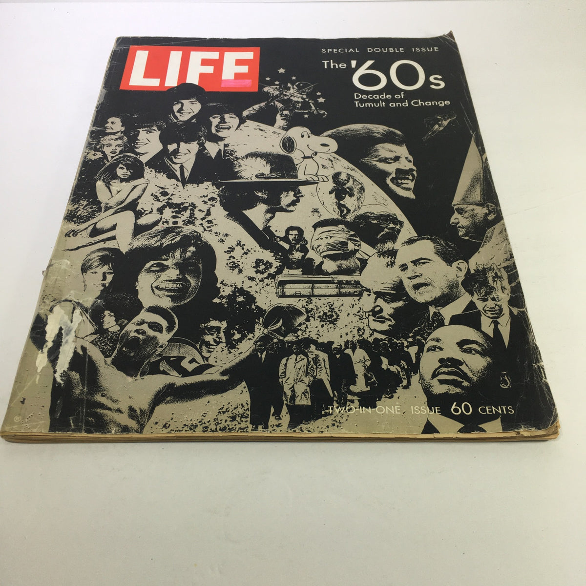 Cover of Life Magazine Special Double Issue: The '60s Decade of Tumult and Change featuring iconic images representing cultural, political, and social events of the 1960s.