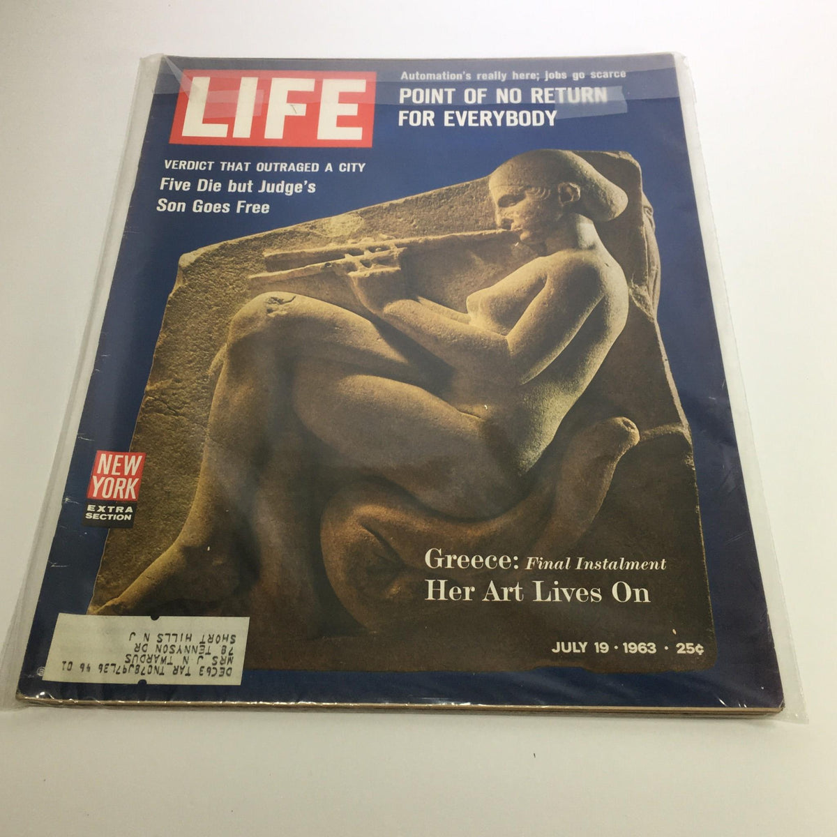 Cover of Life Magazine from July 19, 1963, featuring the title 'Greece: Final Instalment - Her Art Lives On', showcasing a sculpture with a flutist figure on the front page. This historic issue highlights art and culture, ideal for collectors.