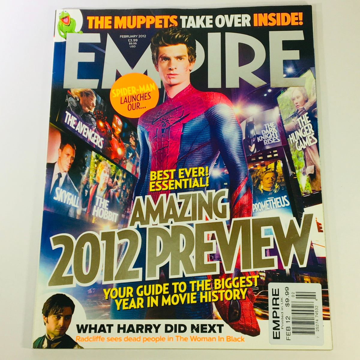 Empire Magazine February 2012 cover featuring Andrew Garfield in Spider-Man costume and Daniel Radcliffe, highlighting the best movies and preview of 2012.