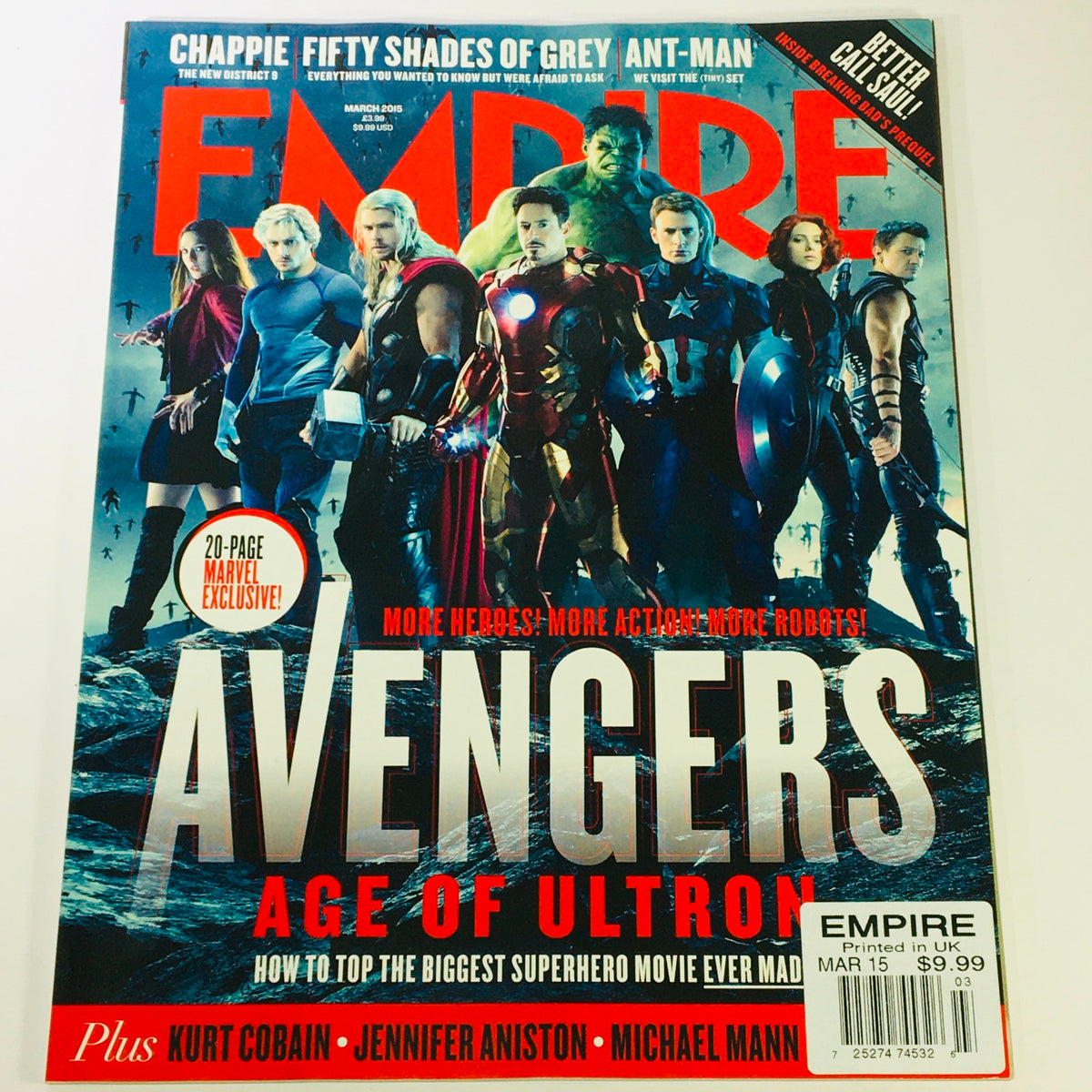 Empire Magazine March 2015 cover featuring Chris Hemsworth and Mark Ruffalo, highlighting Avengers: Age of Ultron. UK import magazine showcasing superhero themes and cinematic history.