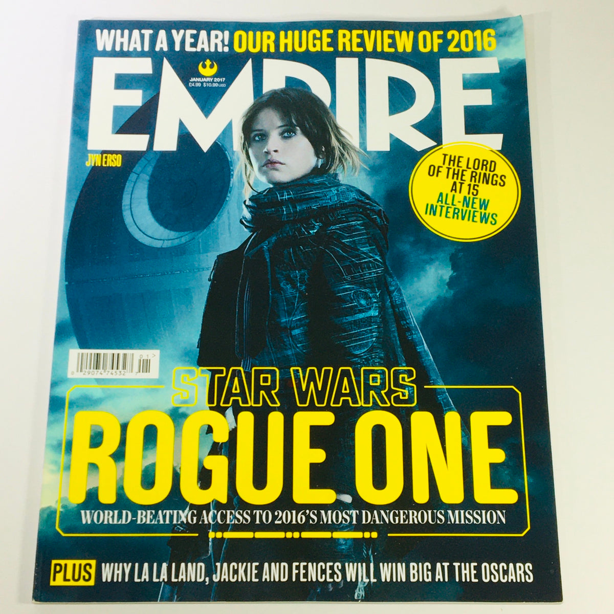 Empire Magazine January 2017 featuring Felicity Jones as Jyn Erso on the cover, showcasing 'Star Wars Rogue One' with a vibrant design highlighting the film's significance.