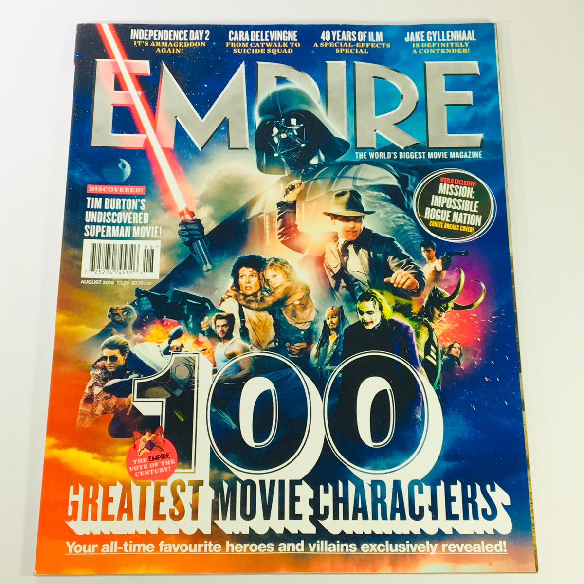 Empire Magazine August 2015 edition featuring the cover titled '100 Greatest Movie Characters', showcasing iconic characters from famous films with vibrant artwork and a bold design.