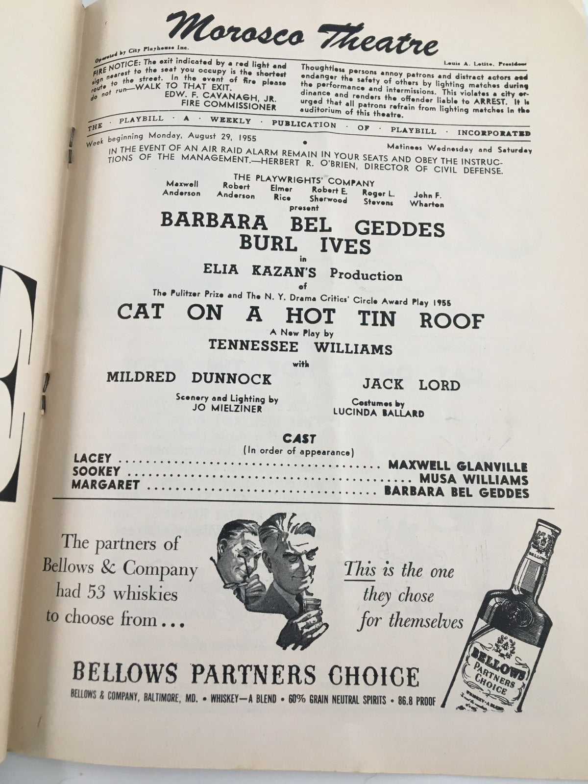 Interior page of the 1955 Playbill for Morosto Theatre, detailing the cast and production information for 'Cat On A Hot Tin Roof', featuring Barbara Bel Geddes and Burl Ives.