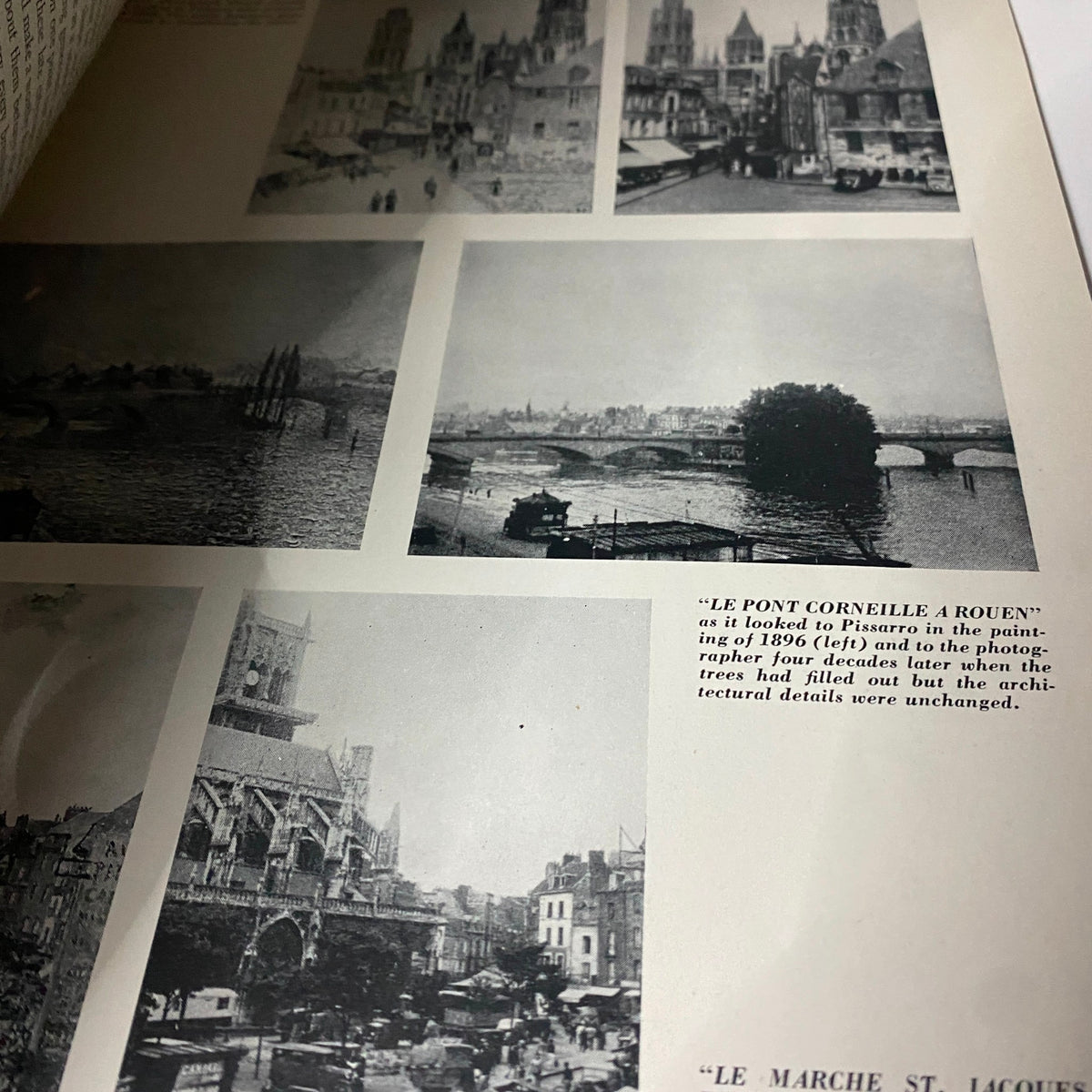 Black and white images from VTG Art News Magazine March 14, 1943, showcasing historical locations and perspectives, including a comparison of 'Le Pont Corneille a Rouen' as seen by Pissarro in 1896 and later in photographs.