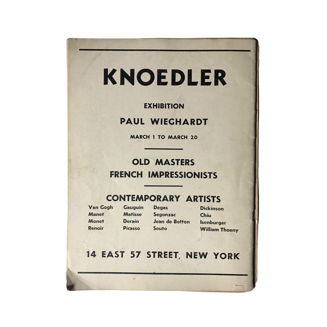 Cover page of the exhibition catalog featured in VTG Art News Magazine March 14, 1943, advertising the Paul Wieghardt exhibition at Knoedler Gallery, listing old masters, French Impressionists, and contemporary artists.