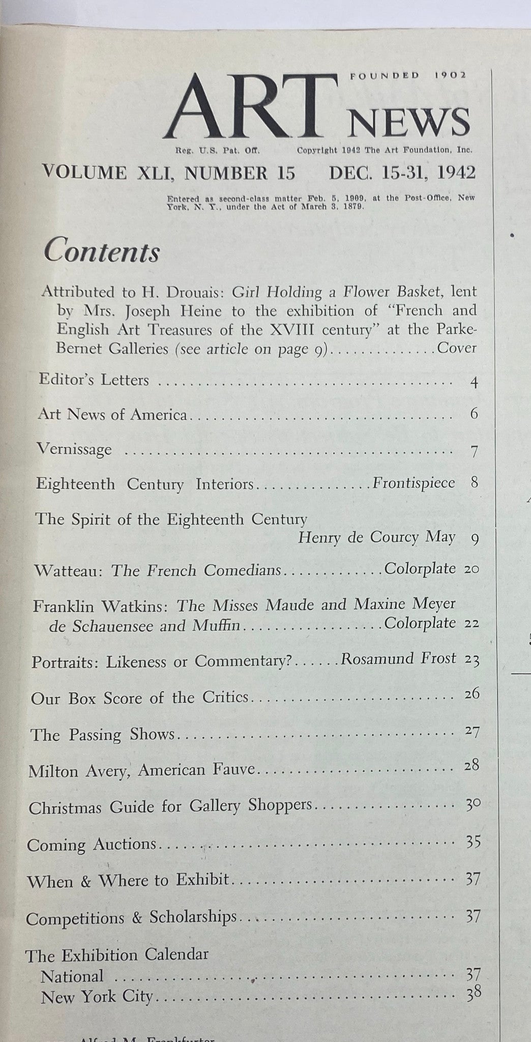 Table of contents page from the Art News magazine, December 15, 1942, detailing articles and features including 'Girl Holding a Flower Basket' and other significant art discussions.