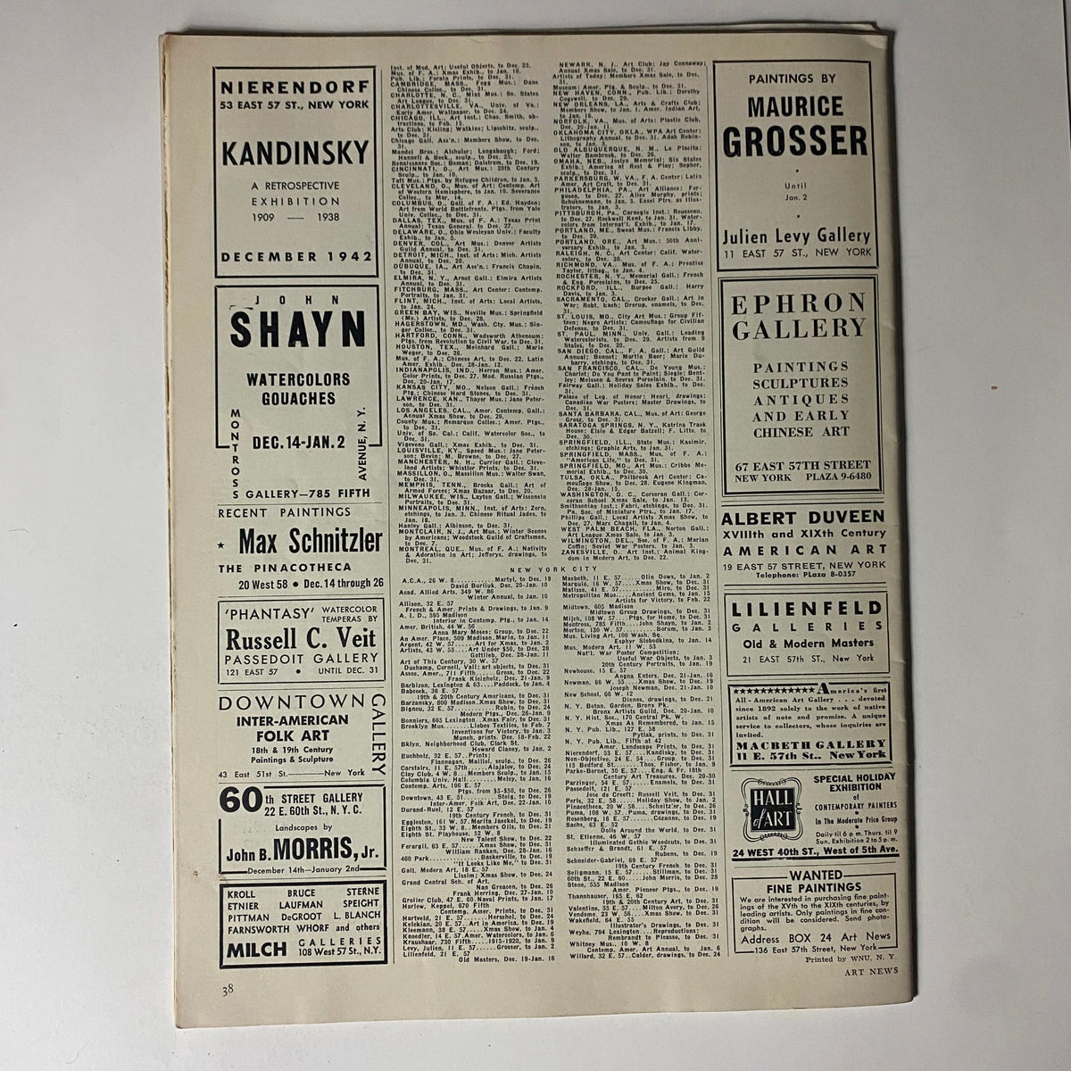 Vintage Art News magazine page featuring advertisements and listings for art exhibitions, including Kandinsky's retrospective exhibition from December 1942. The page includes artist names, gallery details, and upcoming events related to the art world, enhancing the historical significance of the issue titled 'VTG Art News Magazine December 15, 1942 Girl Holding a Flower Basket No Label.'