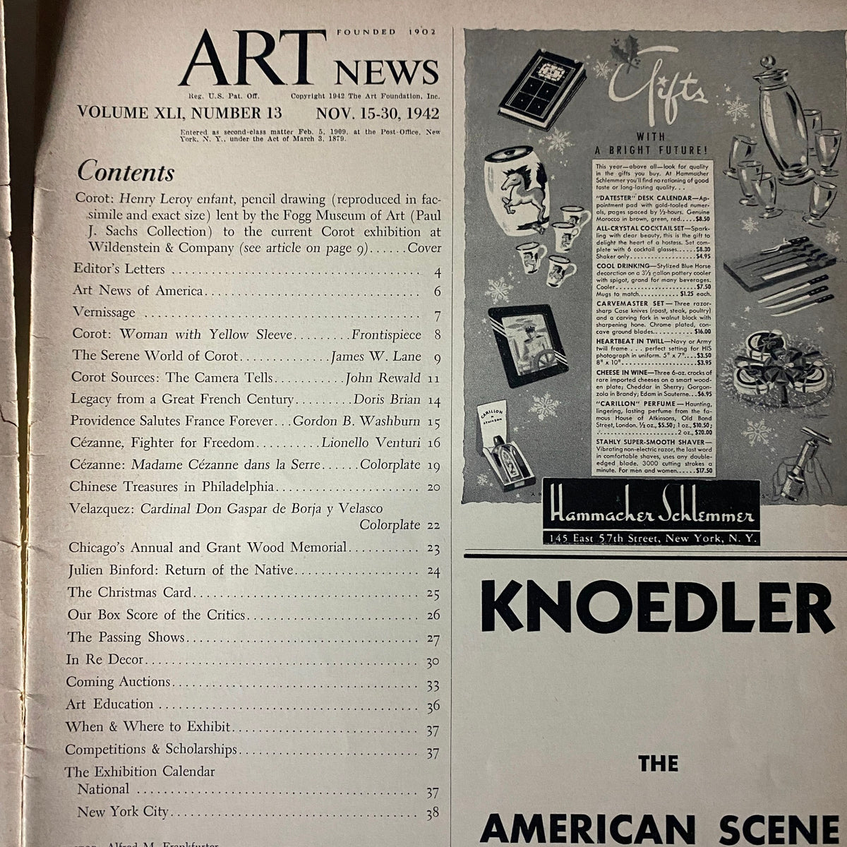 Table of contents from the VTG Art News Magazine November 15, 1942, listing articles including works by Henry Leroy and discussions on prominent artists.