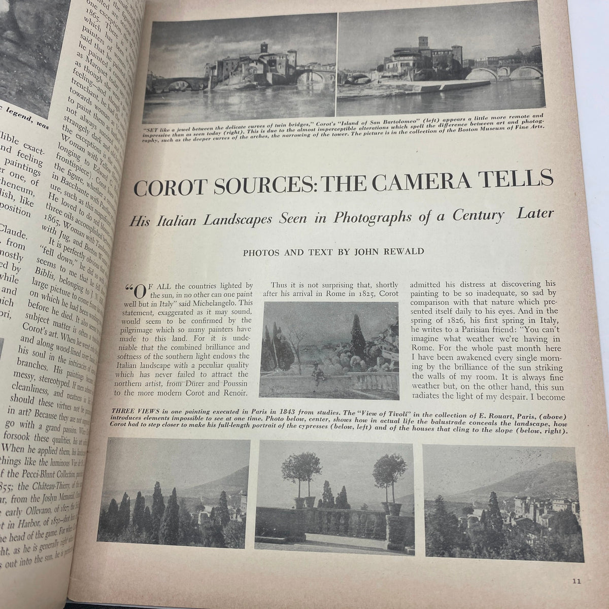 Article page from the VTG Art News Magazine November 15, 1942 discussing Corot's Italian landscapes, accompanied by photographs relevant to the content.